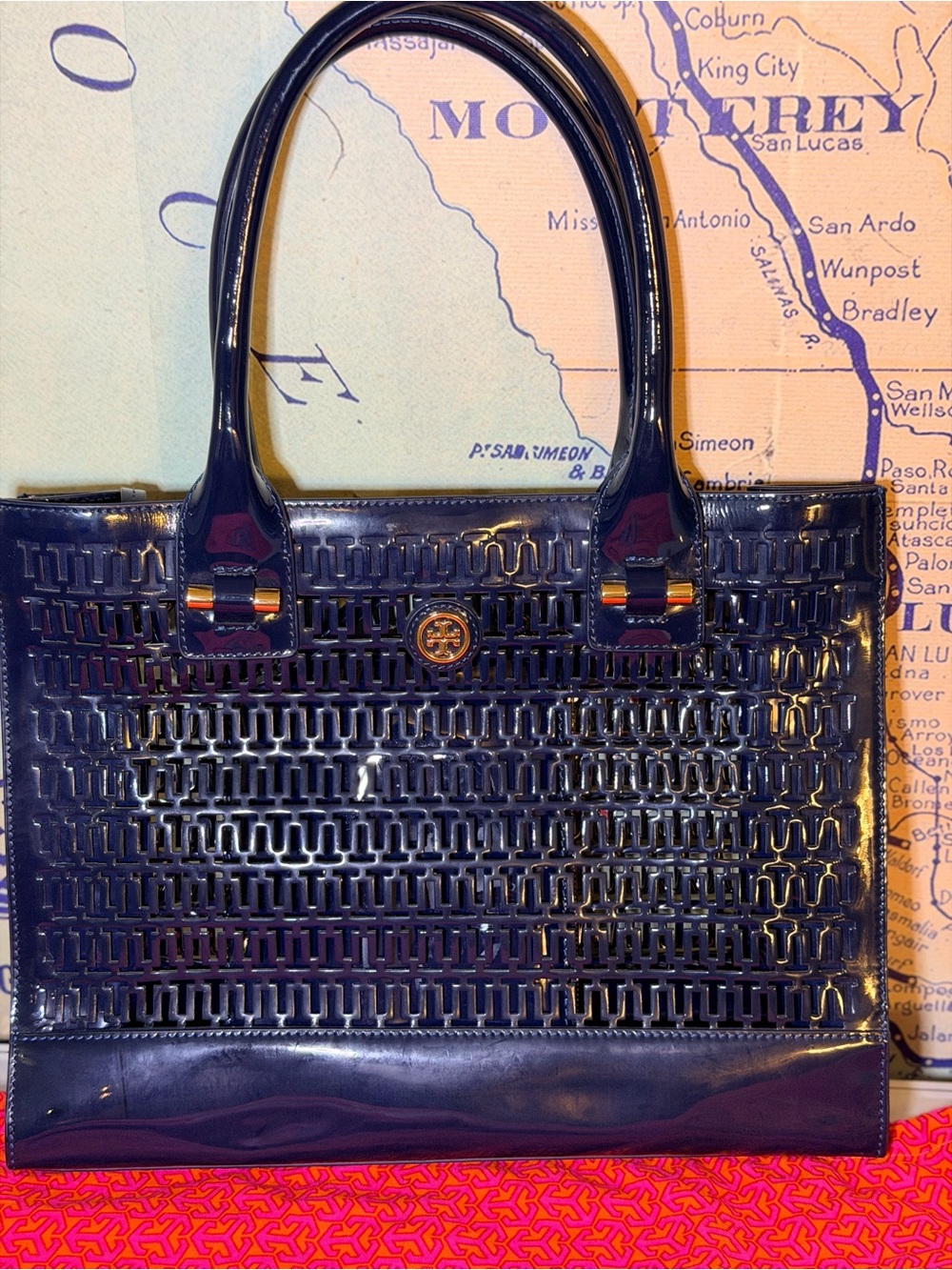 TORY BURCH Blue Perforated Patent Leather Tote with Matching Zip Pouch - Navy